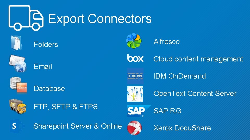 Export Connectors Folders Email Alfresco Cloud content management IBM On. Demand Database FTP, SFTP
