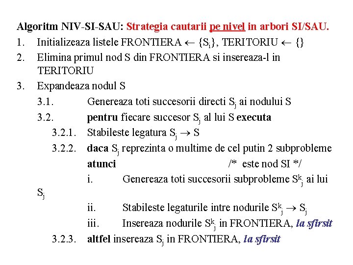 Algoritm NIV-SI-SAU: Strategia cautarii pe nivel in arbori SI/SAU. 1. Initializeaza listele FRONTIERA {Si},