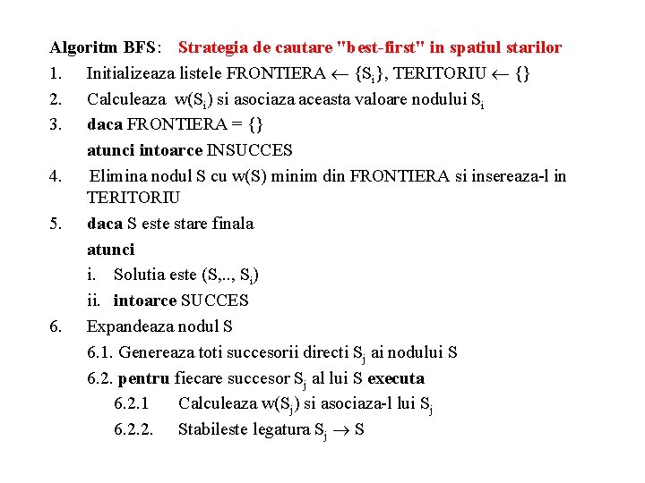 Algoritm BFS: Strategia de cautare "best-first" in spatiul starilor 1. Initializeaza listele FRONTIERA {Si},
