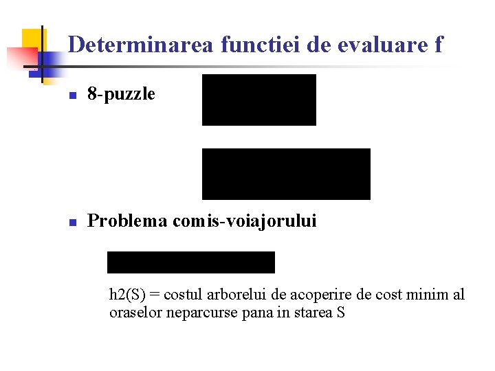 Determinarea functiei de evaluare f n 8 -puzzle n Problema comis-voiajorului h 2(S) =