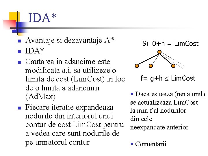 IDA* n n Avantaje si dezavantaje A* IDA* Cautarea in adancime este modificata a.