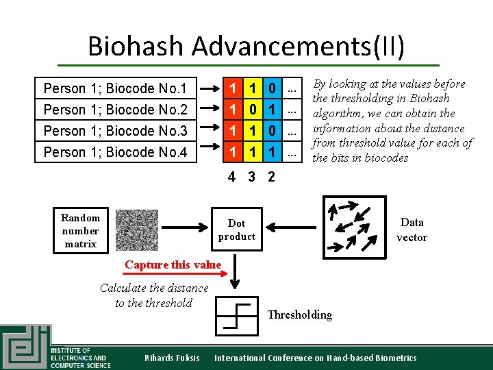 Biohash Advancements(II) Person 1; Biocode No. 1 1 1 0. . . Person 1;