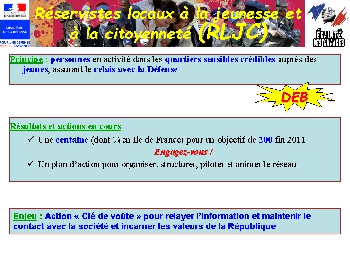 Réservistes locaux à la jeunesse et à la citoyenneté (RLJC) Principe : personnes en