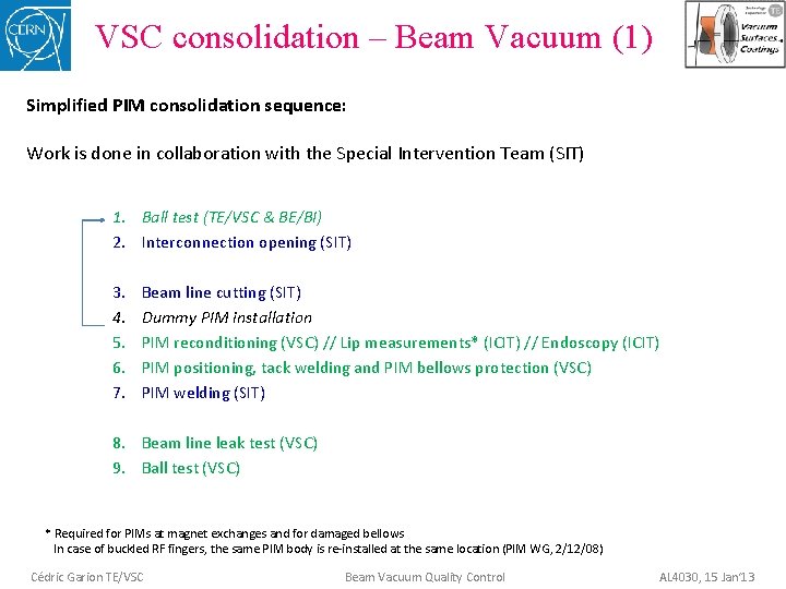 VSC consolidation – Beam Vacuum (1) Simplified PIM consolidation sequence: Work is done in