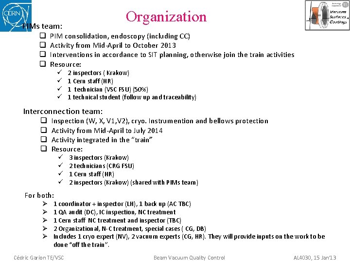 Organization PIMs team: q q PIM consolidation, endoscopy (including CC) Activity from Mid-April to