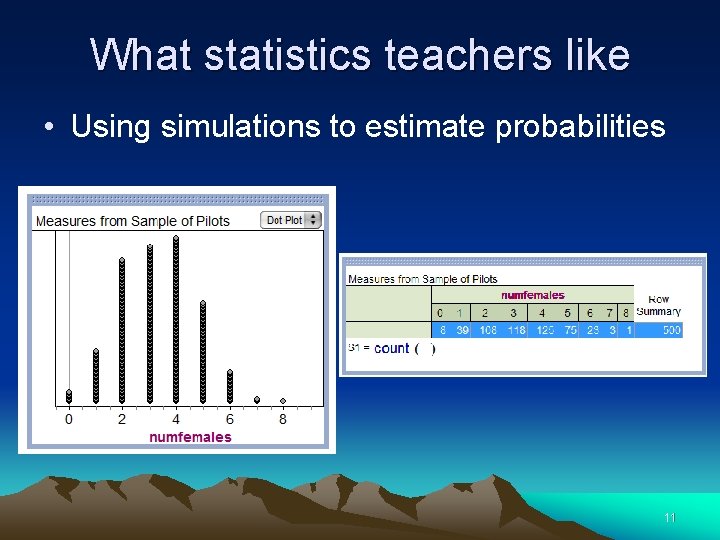 What statistics teachers like • Using simulations to estimate probabilities 11 