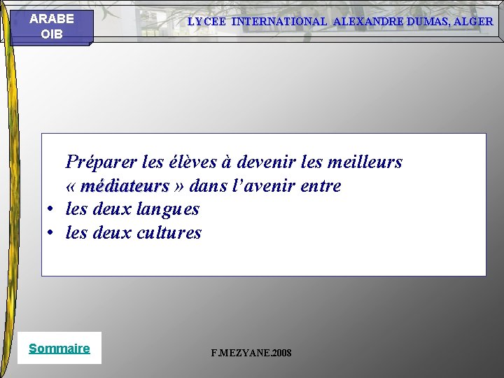 ARABE OIB LYCEE INTERNATIONAL ALEXANDRE DUMAS, ALGER Préparer les élèves à devenir les meilleurs ARABE OIB LYCEE INTERNATIONAL ALEXANDRE DUMAS, ALGER Préparer les élèves à devenir les meilleurs