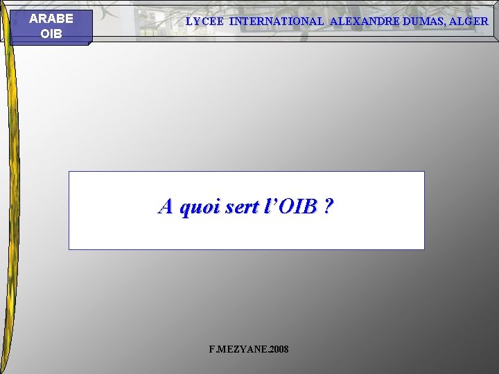 ARABE OIB LYCEE INTERNATIONAL ALEXANDRE DUMAS, ALGER A quoi sert l’OIB ? F. MEZYANE. ARABE OIB LYCEE INTERNATIONAL ALEXANDRE DUMAS, ALGER A quoi sert l’OIB ? F. MEZYANE.