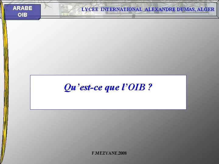 ARABE OIB LYCEE INTERNATIONAL ALEXANDRE DUMAS, ALGER Qu’est-ce que l’OIB ? F. MEZYANE. 2008 ARABE OIB LYCEE INTERNATIONAL ALEXANDRE DUMAS, ALGER Qu’est-ce que l’OIB ? F. MEZYANE. 2008