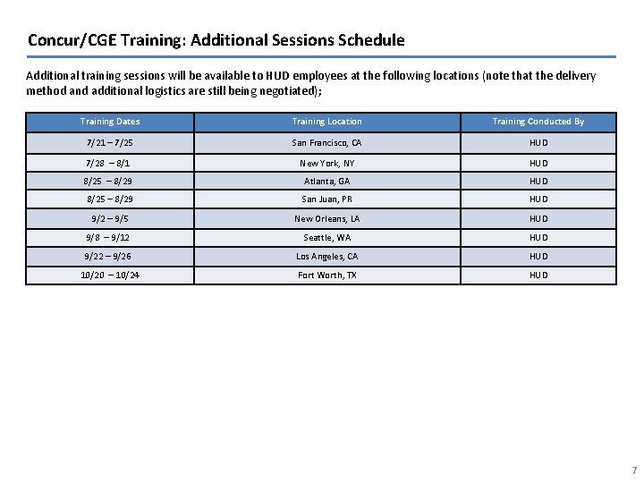 Concur/CGE Training: Additional Sessions Schedule Additional training sessions will be available to HUD employees
