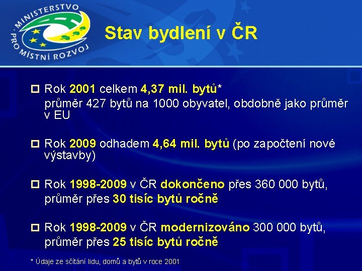 Stav bydlení v ČR Rok 2001 celkem 4, 37 mil. bytů* průměr 427 bytů