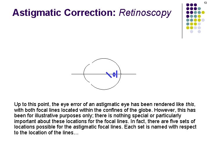 13 Astigmatic Correction: Retinoscopy Up to this point, the eye error of an astigmatic