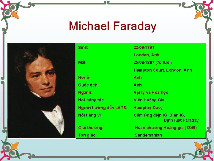 Michael Faraday Sinh: 22/09/1791 London, Anh Mất: 25/08/1867 (75 tuổi) Hampton Court, London, Anh