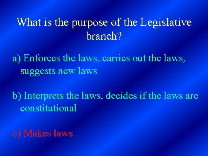 What is the purpose of the Legislative branch? a) Enforces the laws, carries out