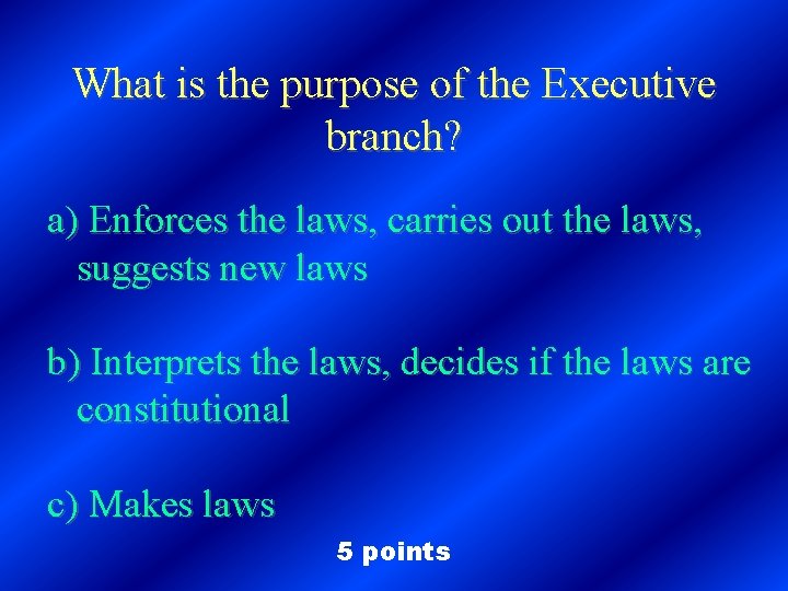 What is the purpose of the Executive branch? a) Enforces the laws, carries out