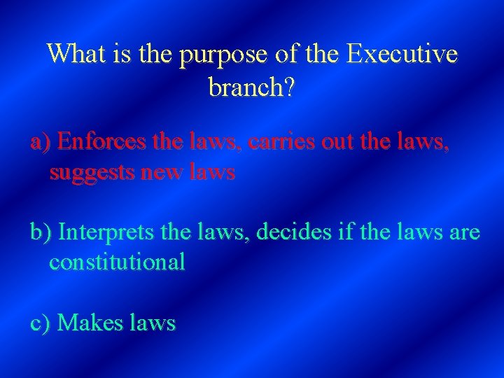 What is the purpose of the Executive branch? a) Enforces the laws, carries out