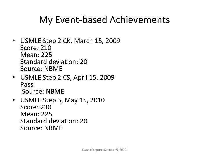 My Event-based Achievements • USMLE Step 2 CK, March 15, 2009 Score: 210 Mean: