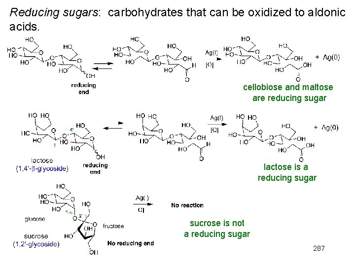 Reducing sugars: carbohydrates that can be oxidized to aldonic acids. cellobiose and maltose are