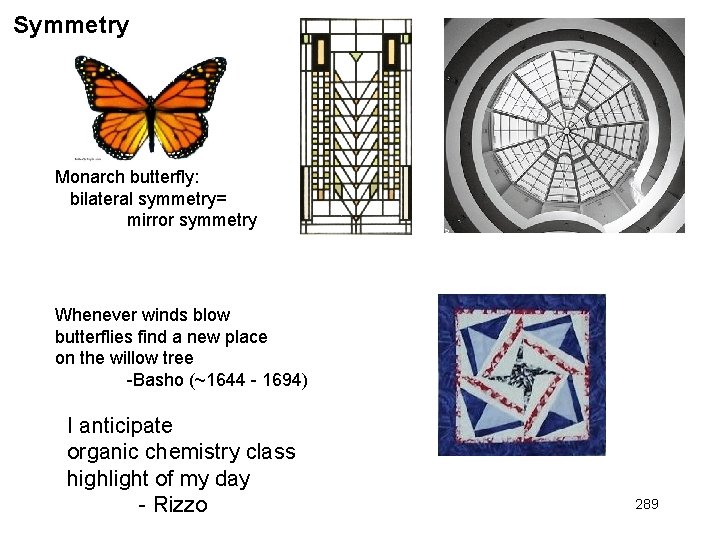 Symmetry Monarch butterfly: bilateral symmetry= mirror symmetry Whenever winds blow butterflies find a new