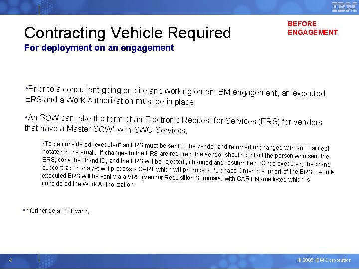 Contracting Vehicle Required BEFORE ENGAGEMENT For deployment on an engagement • Prior to a