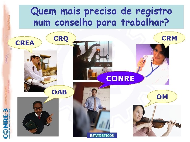 Quem mais precisa de registro num conselho para trabalhar? CREA CRM CRQ CONRE OAB