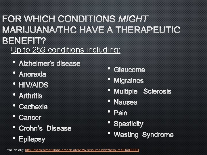 FOR WHICH CONDITIONS MIGHT MARIJUANA/THC HAVE A THERAPEUTIC BENEFIT? Up to 259 conditions including: