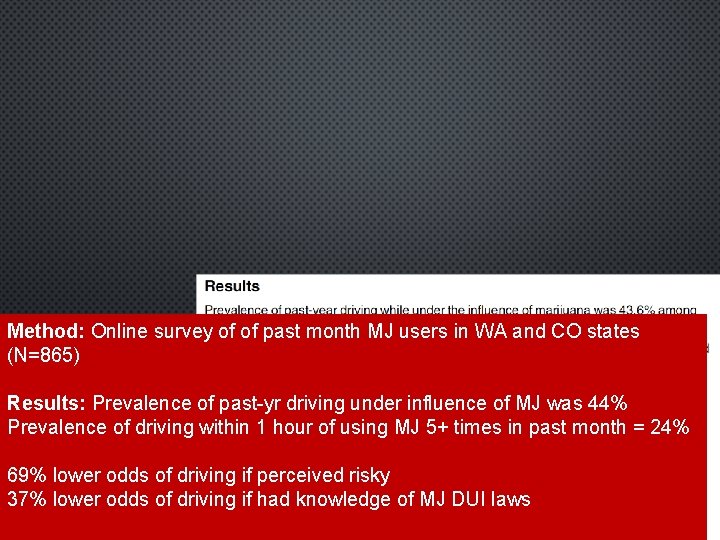 Method: Online survey of of past month MJ users in WA and CO states