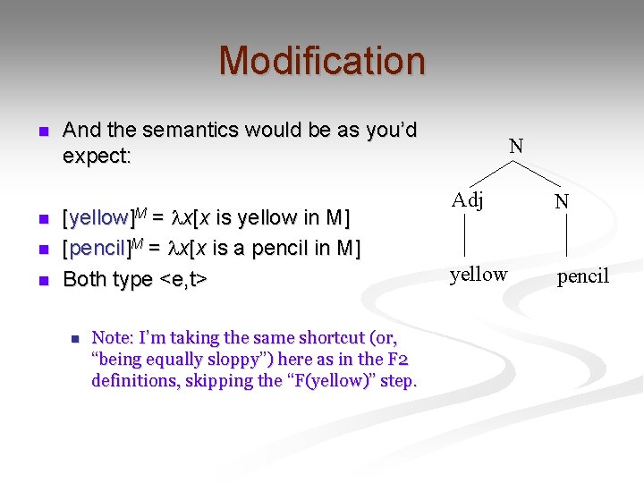 Modification n And the semantics would be as you’d expect: = x[x is yellow