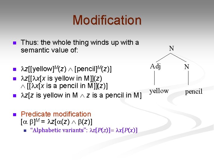 Modification n Thus: the whole thing winds up with a semantic value of: n