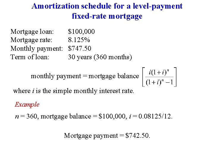 Amortization schedule for a level-payment fixed-rate mortgage Mortgage loan: Mortgage rate: Monthly payment: Term