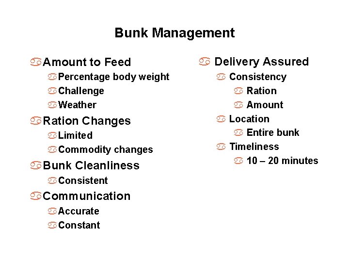 Bunk Management a. Amount to Feed a. Percentage body weight a. Challenge a. Weather