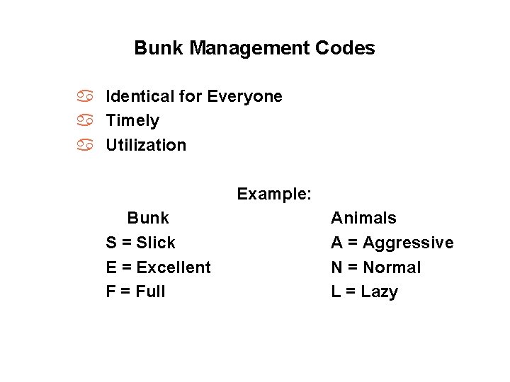 Bunk Management Codes a Identical for Everyone a Timely a Utilization Example: Bunk S