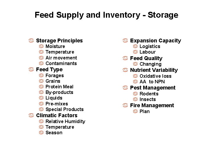 Feed Supply and Inventory - Storage a Storage Principles a Moisture a Temperature a