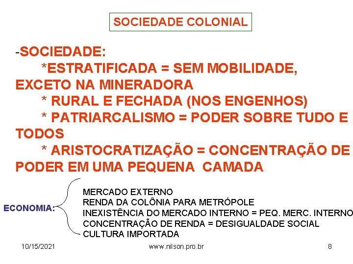 SOCIEDADE COLONIAL -SOCIEDADE: *ESTRATIFICADA = SEM MOBILIDADE, EXCETO NA MINERADORA * RURAL E FECHADA