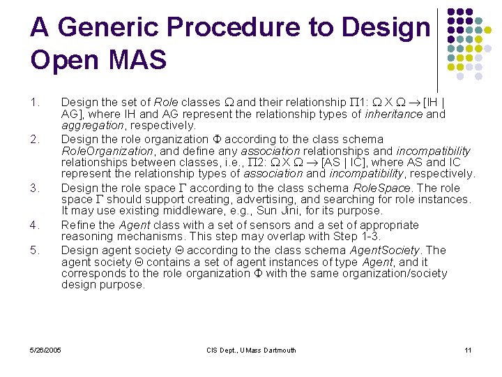 A Generic Procedure to Design Open MAS 1. 2. 3. 4. 5. 5/26/2005 Design
