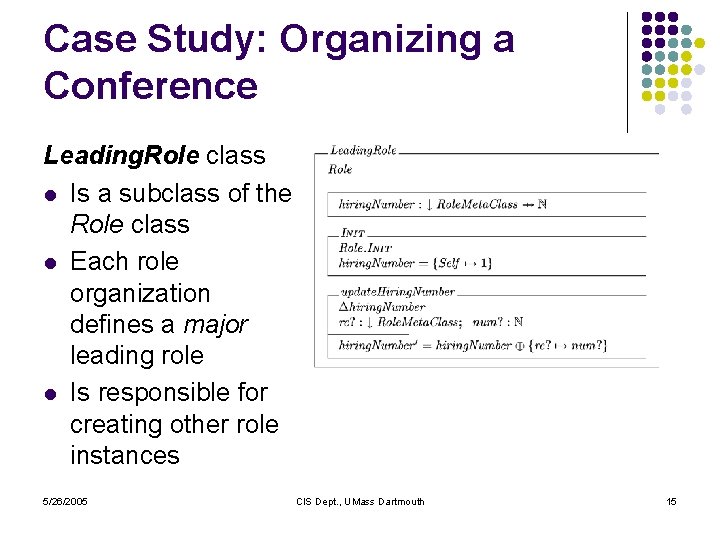 Case Study: Organizing a Conference Leading. Role class l Is a subclass of the