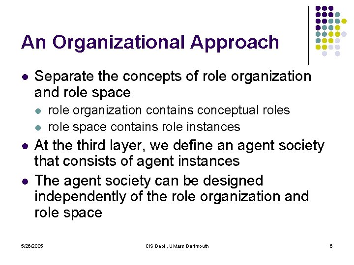 An Organizational Approach l Separate the concepts of role organization and role space l