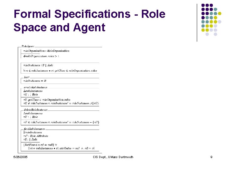 Formal Specifications - Role Space and Agent 5/26/2005 CIS Dept. , UMass Dartmouth 9