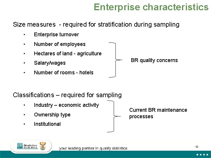 Enterprise characteristics Size measures - required for stratification during sampling • Enterprise turnover •