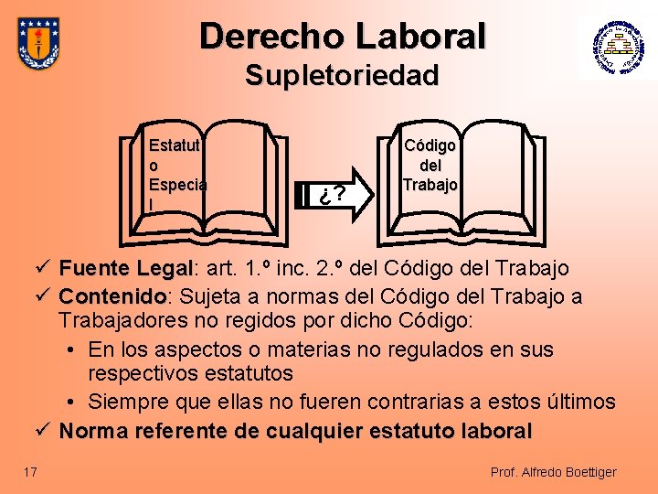 Derecho Laboral Supletoriedad Estatut o Especia l ¿? Código del Trabajo ü Fuente Legal:
