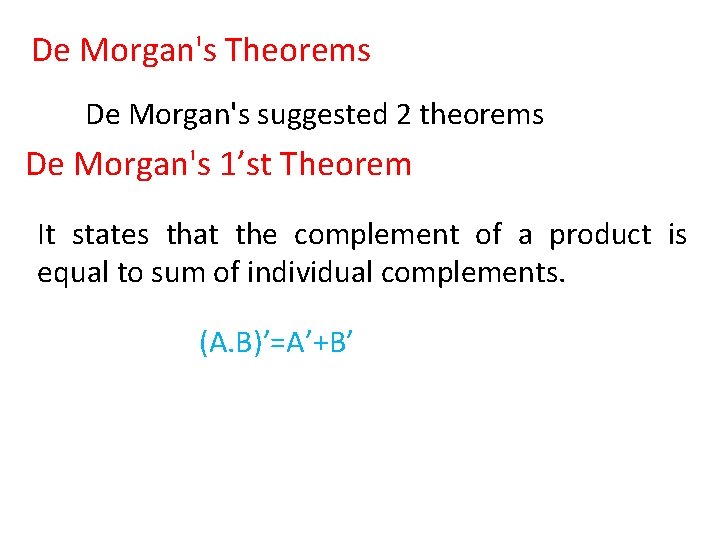 De Morgan's Theorems De Morgan's suggested 2 theorems De Morgan's 1’st Theorem It states