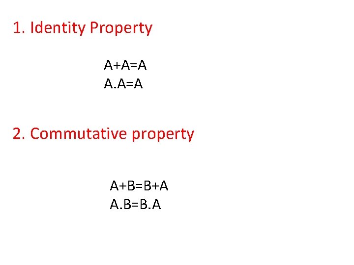 1. Identity Property A+A=A A. A=A 2. Commutative property A+B=B+A A. B=B. A 