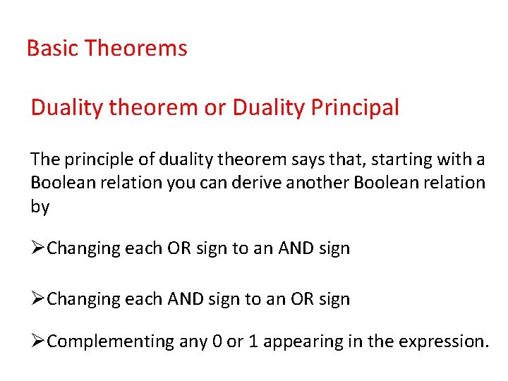 Basic Theorems Duality theorem or Duality Principal The principle of duality theorem says that,