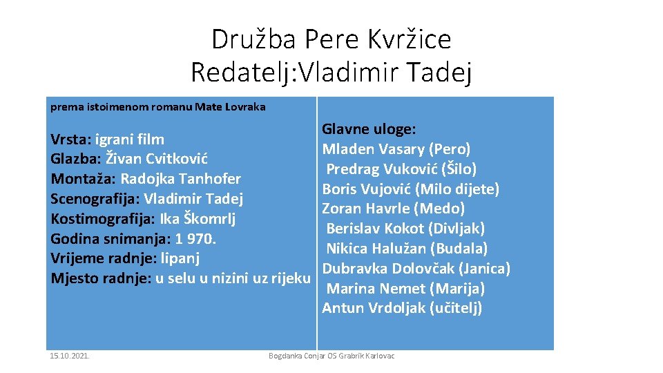 Družba Pere Kvržice Redatelj: Vladimir Tadej prema istoimenom romanu Mate Lovraka Glavne uloge: Vrsta: