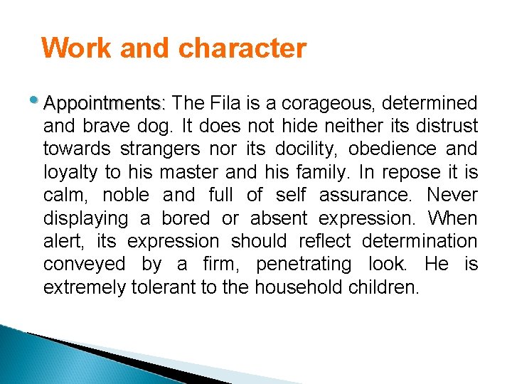 Work and character • Appointments: The Fila is a corageous, determined and brave dog.