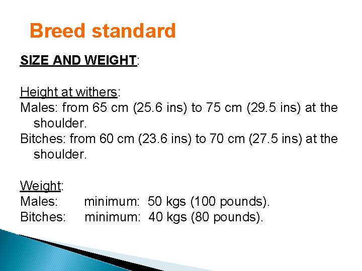 Breed standard SIZE AND WEIGHT: Height at withers: Males: from 65 cm (25. 6