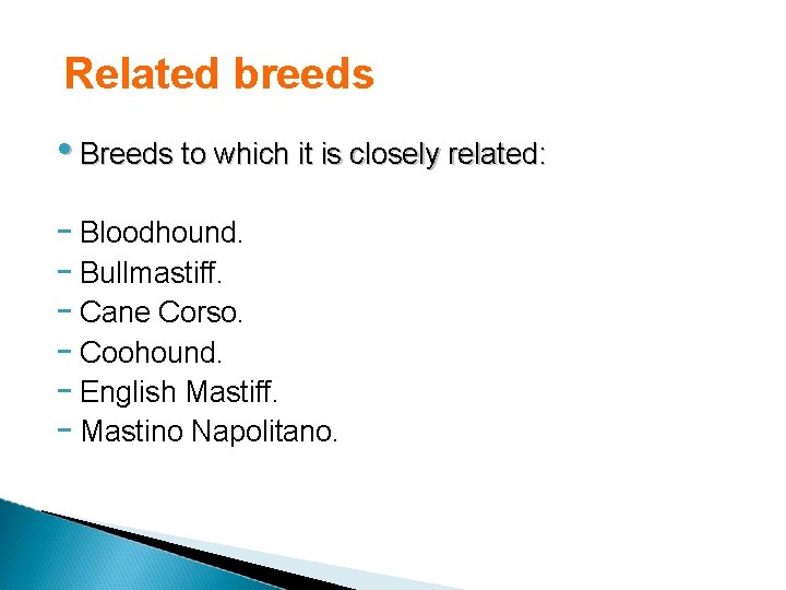 Related breeds • Breeds to which it is closely related: - Bloodhound. - Bullmastiff.