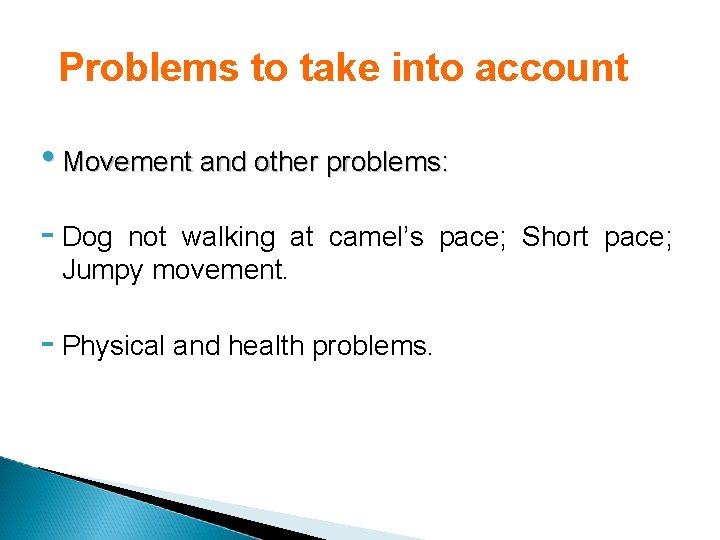 Problems to take into account • Movement and other problems: - Dog not walking