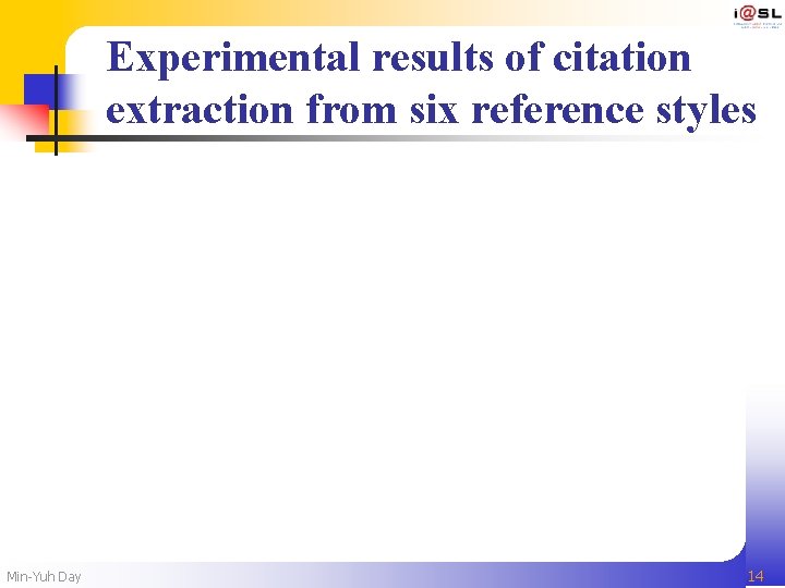 Experimental results of citation extraction from six reference styles Min-Yuh Day 14 