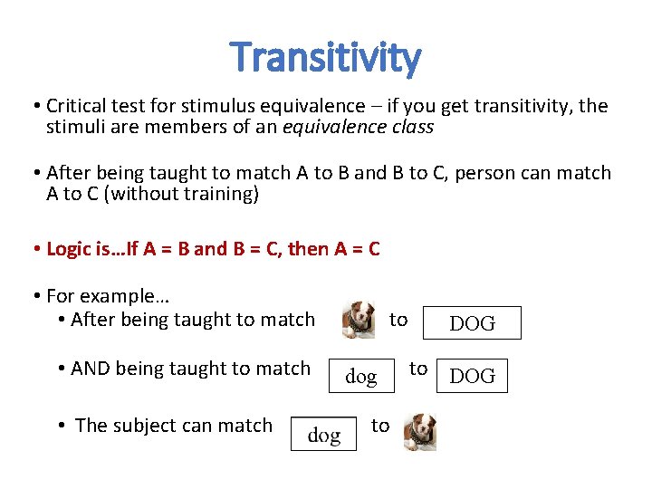 Transitivity • Critical test for stimulus equivalence – if you get transitivity, the stimuli